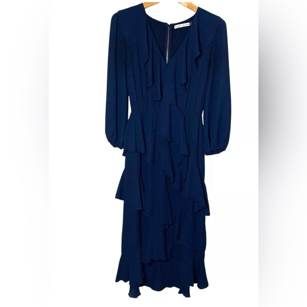 Women’s Alice + Olivia navy blue chiffon layered kye ruffled dress 10